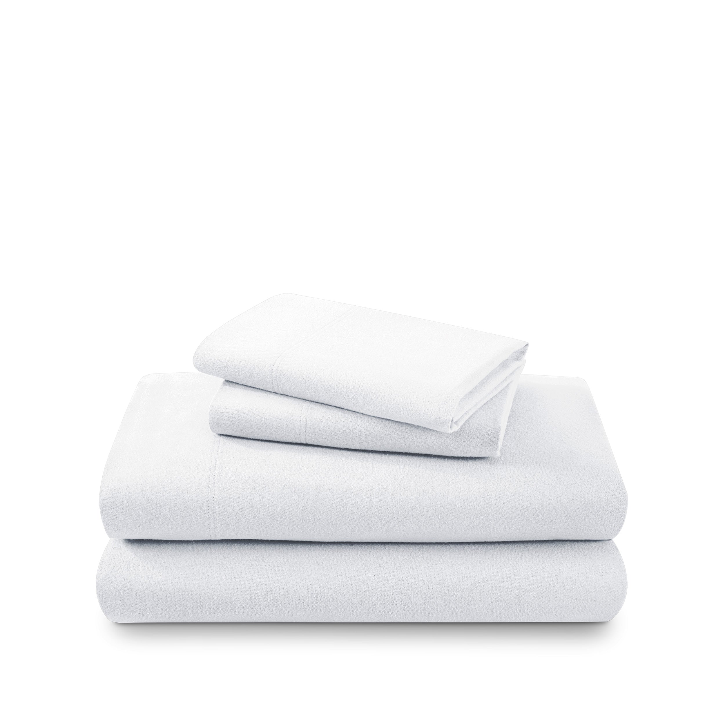 Cotton flannel sheet set folded and stacked on a white background