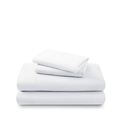 Cotton flannel sheet set folded and stacked on a white background