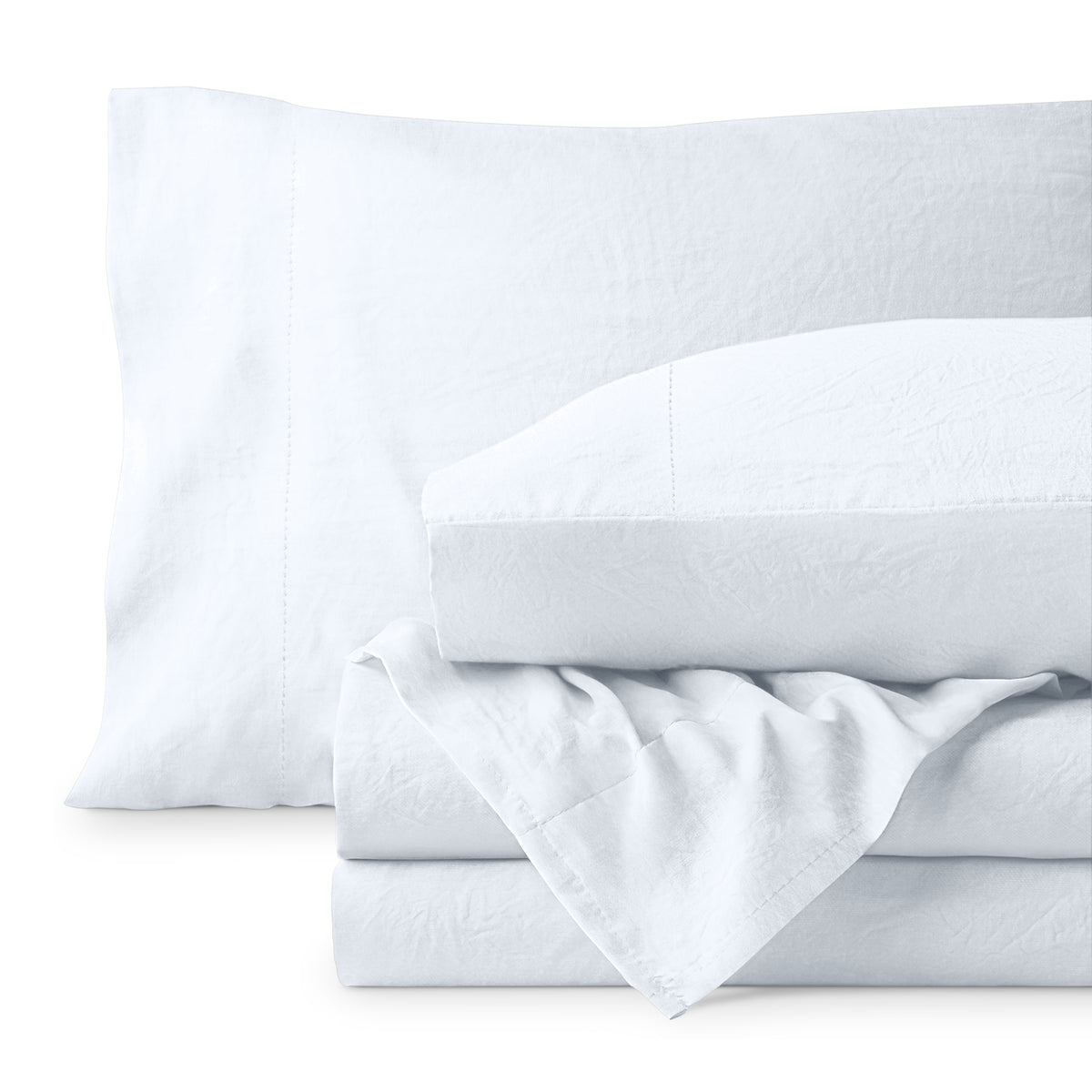 Washed microfiber sheet set folded and stacked on a white background