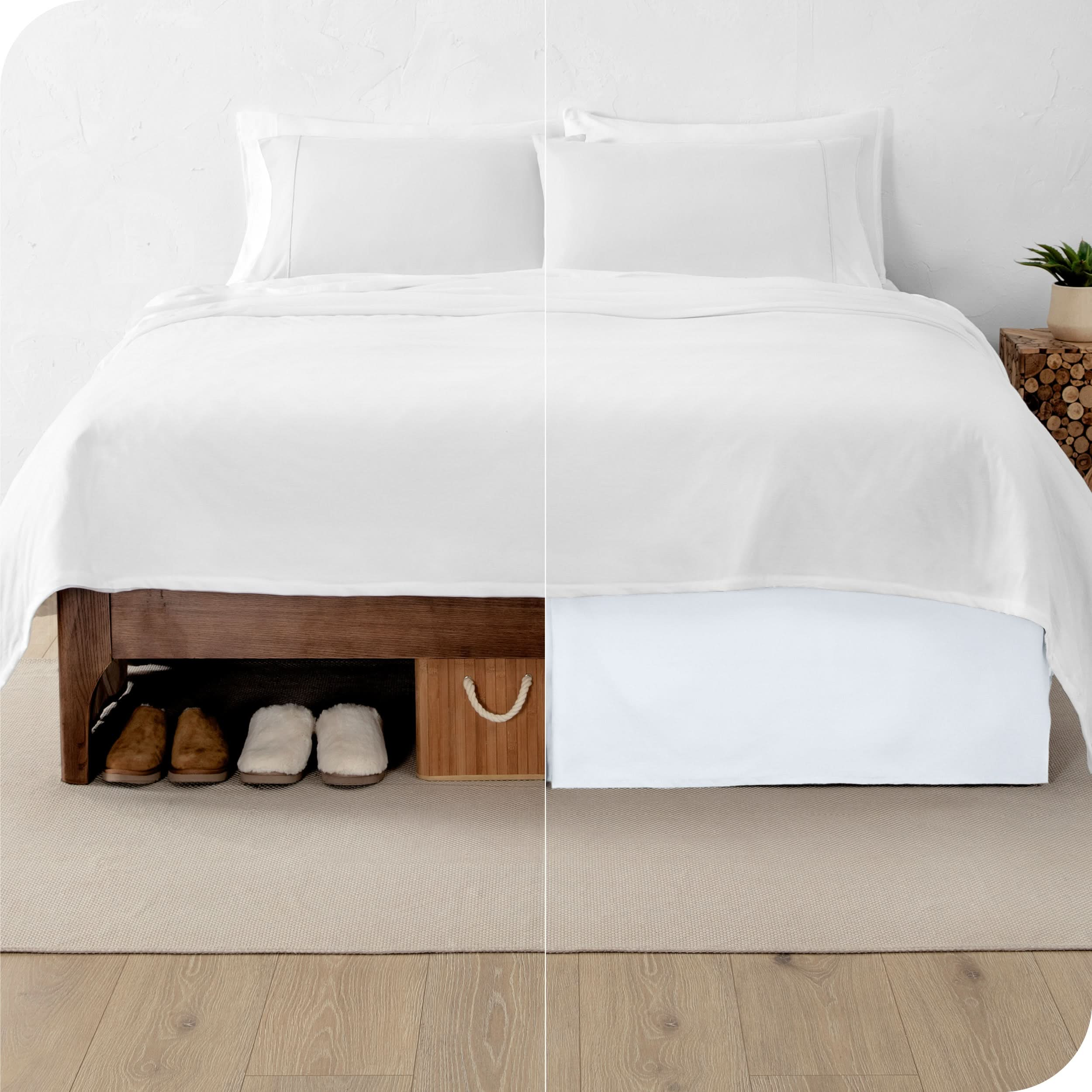 A split image showing a bed without a bed skirt on the left and with a bed skirt on the right.