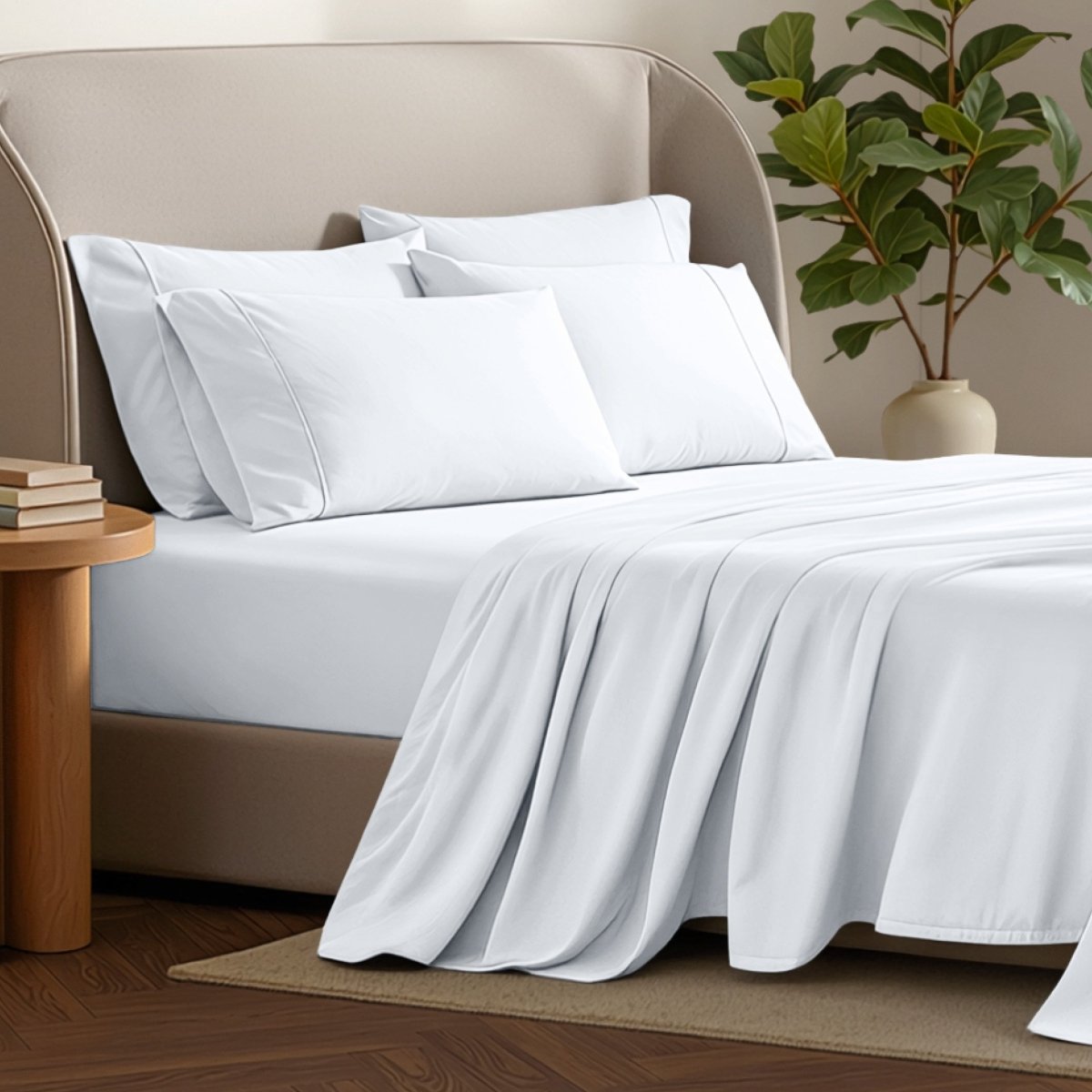 Bed sheets and pillows on a bed with a plant and side table in the background.