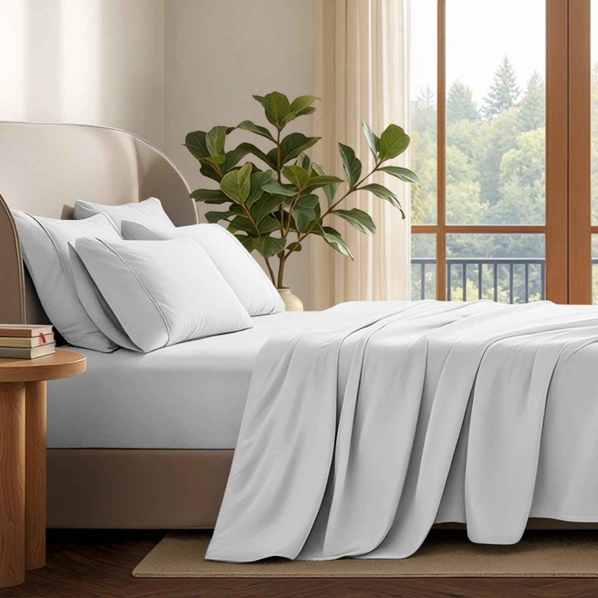 A neatly made bed with in a softly lit bedroom. A large green plant stands beside the bed, and a window with curtains is visible in the background.