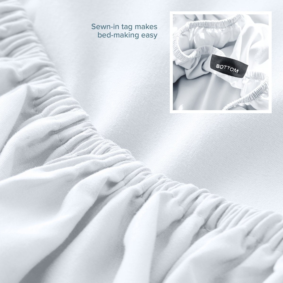 White fitted sheet with a sewn-in tag on a bed, showing close-up of the tag.