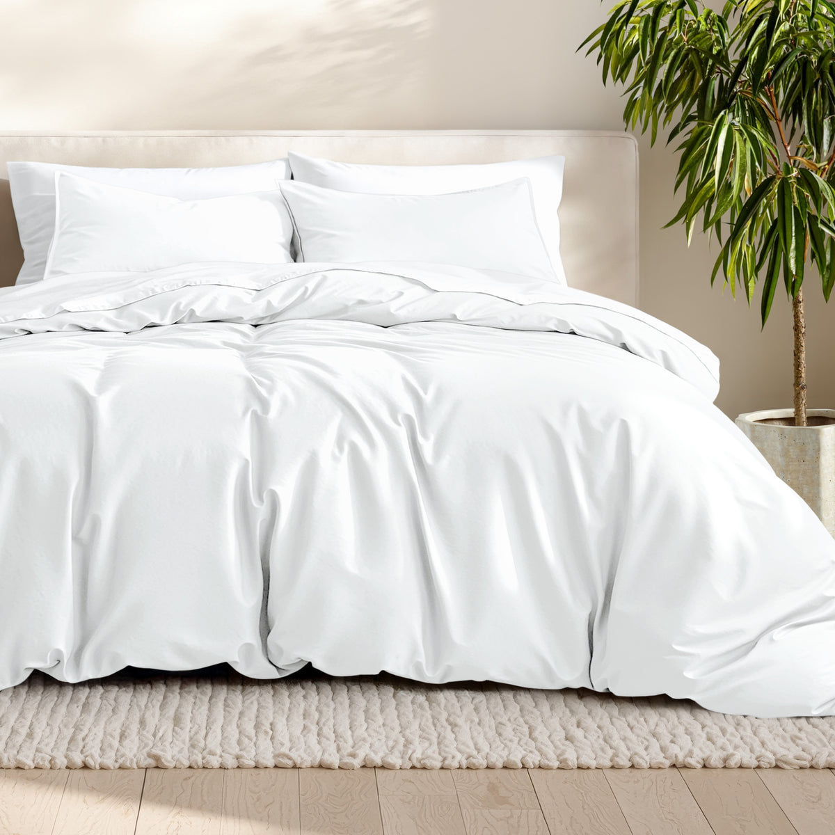 Microfiber bedding set on a bed with a neutral background