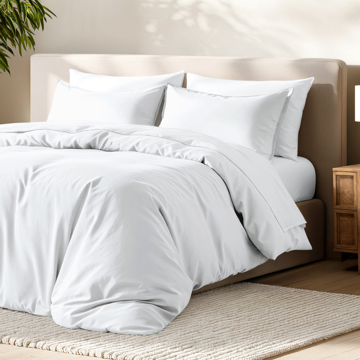 Bed with microfiber duvet cover and sham set in a bedroom setting.