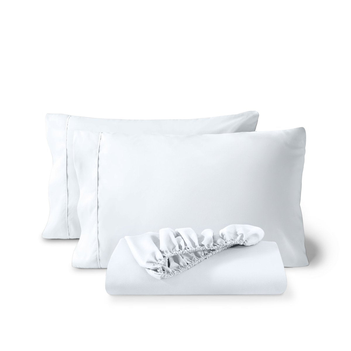 Pillowcases and a matching fitted sheet folded in front, shown on a plain white background.