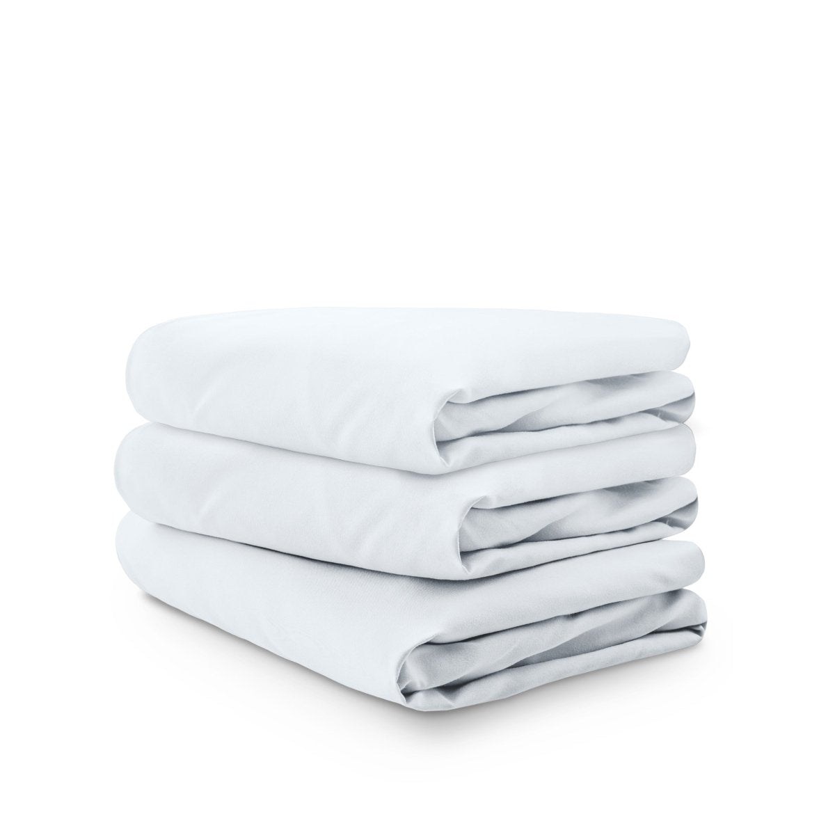 Stack of white folded crib sheets on a white background