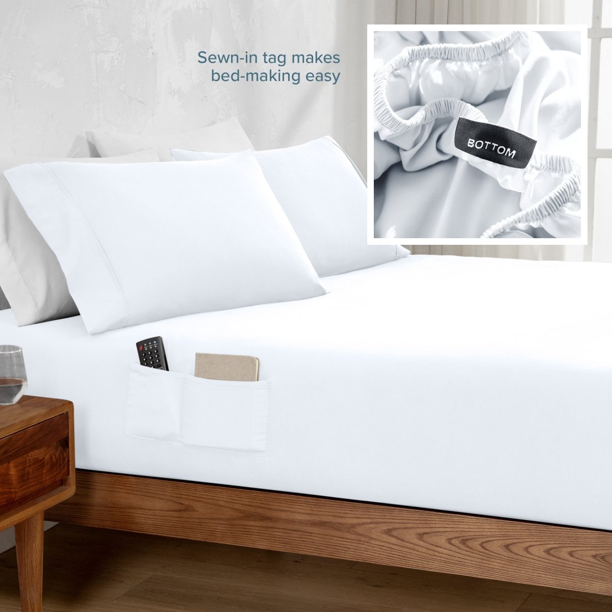 Bed sheet with sewn-in tags on a bed, with an inset showing a close-up of the tag.