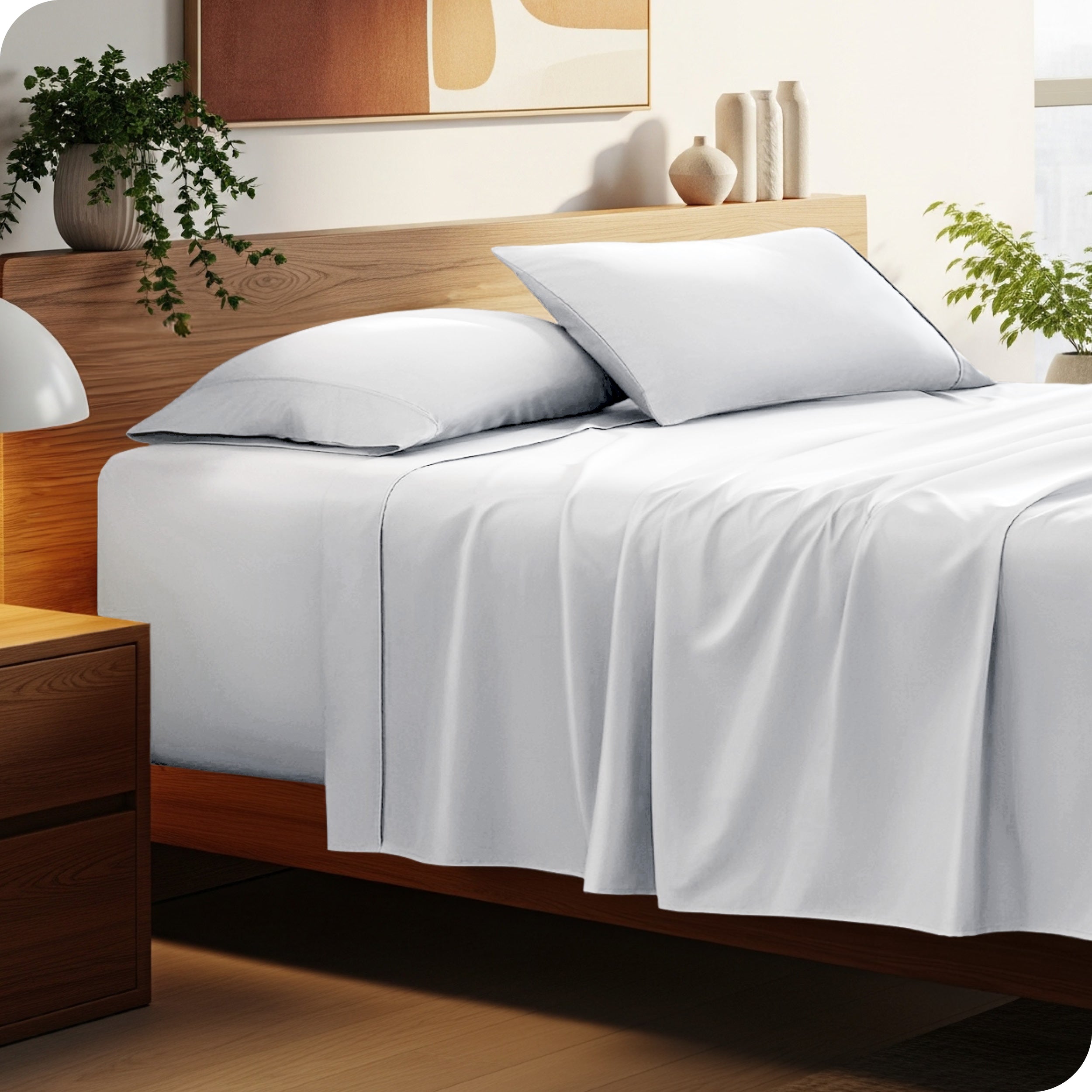 Bed with microfiber bedding and wooden headboard in a bedroom setting