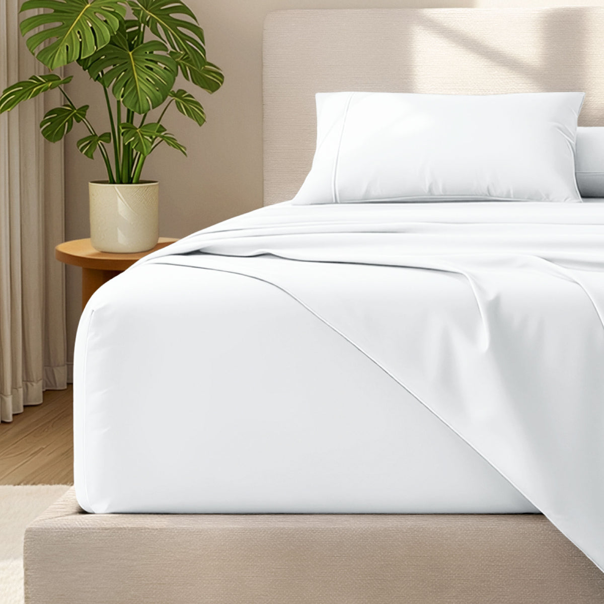 Bed with microfiber bedding and wooden headboard in a bedroom setting