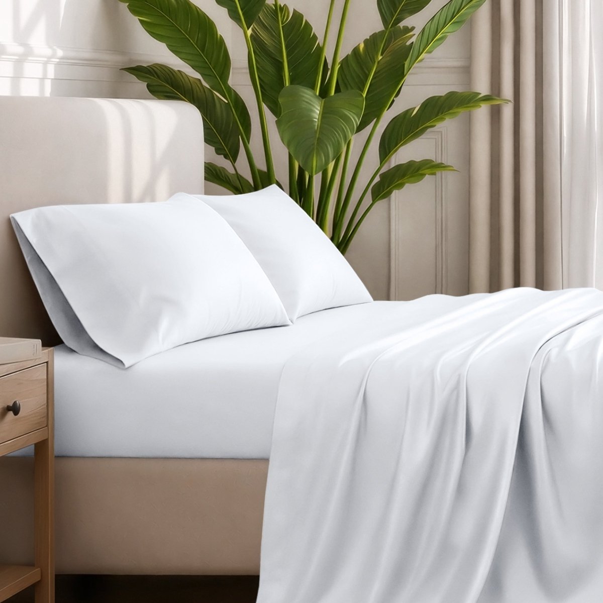 Ultra-soft sheets and pillowcases on a bed with a plant in the background
