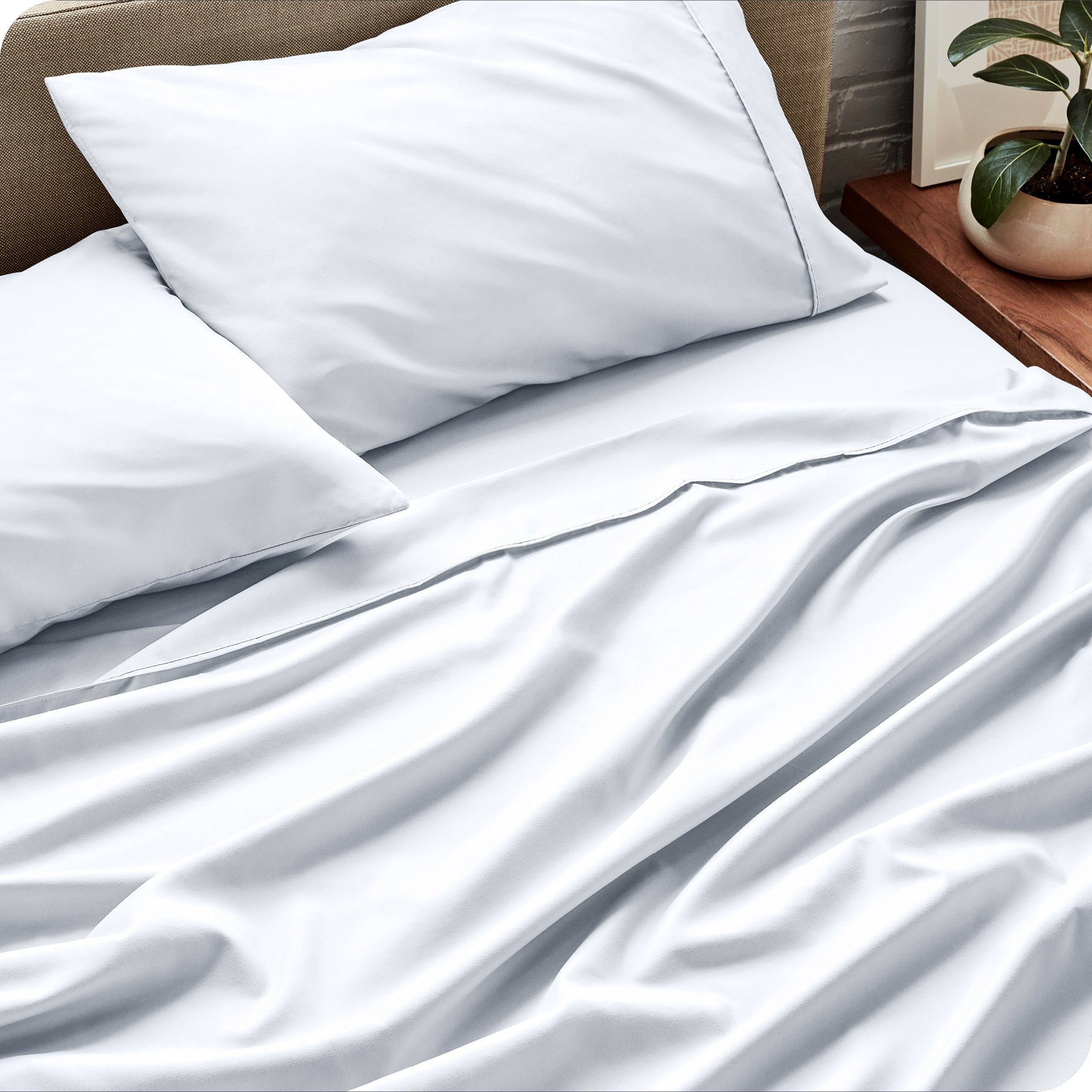 Sheet set on a bed with pillows and a plant in the background