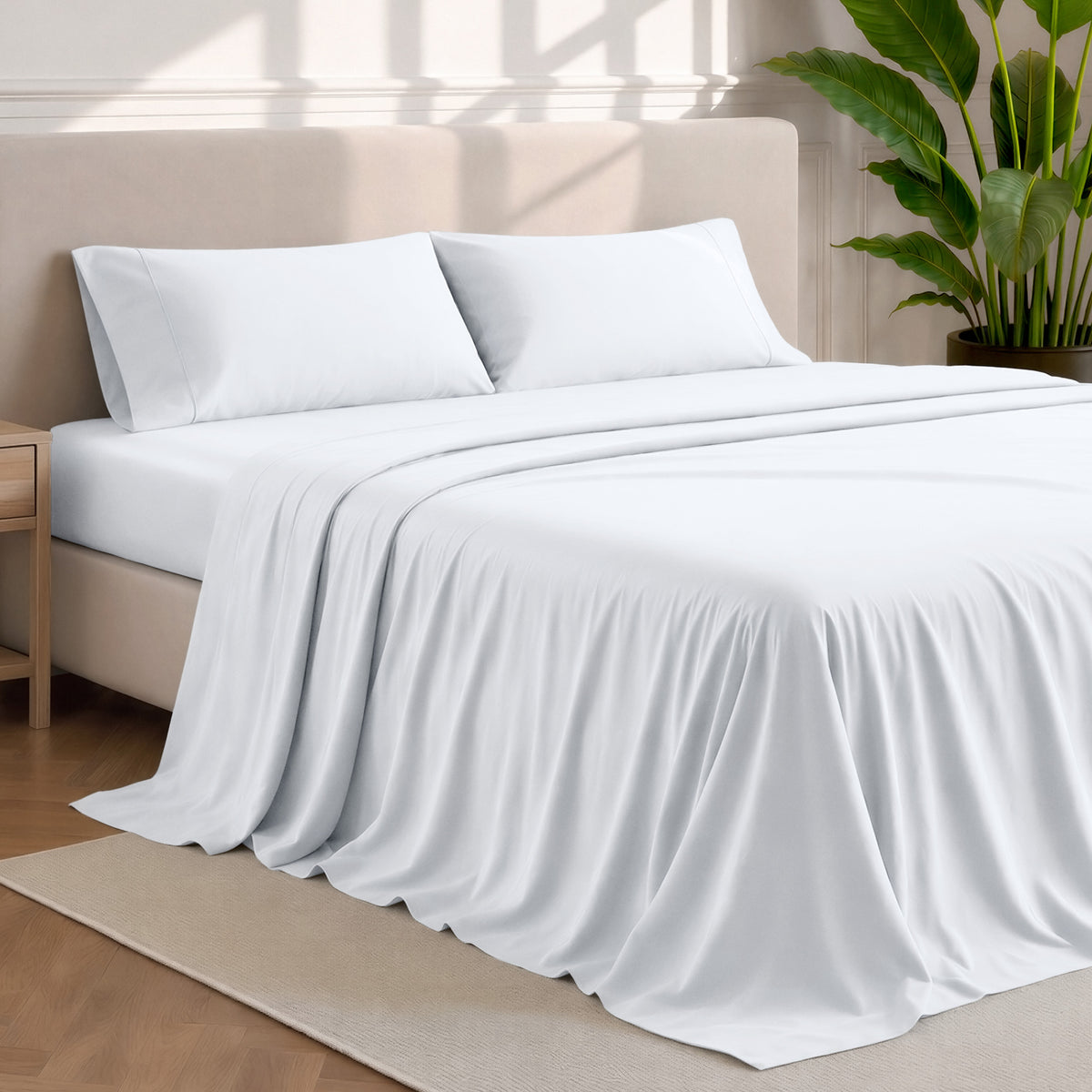 Microfiber sheets and pillowcases in a bedroom stetting