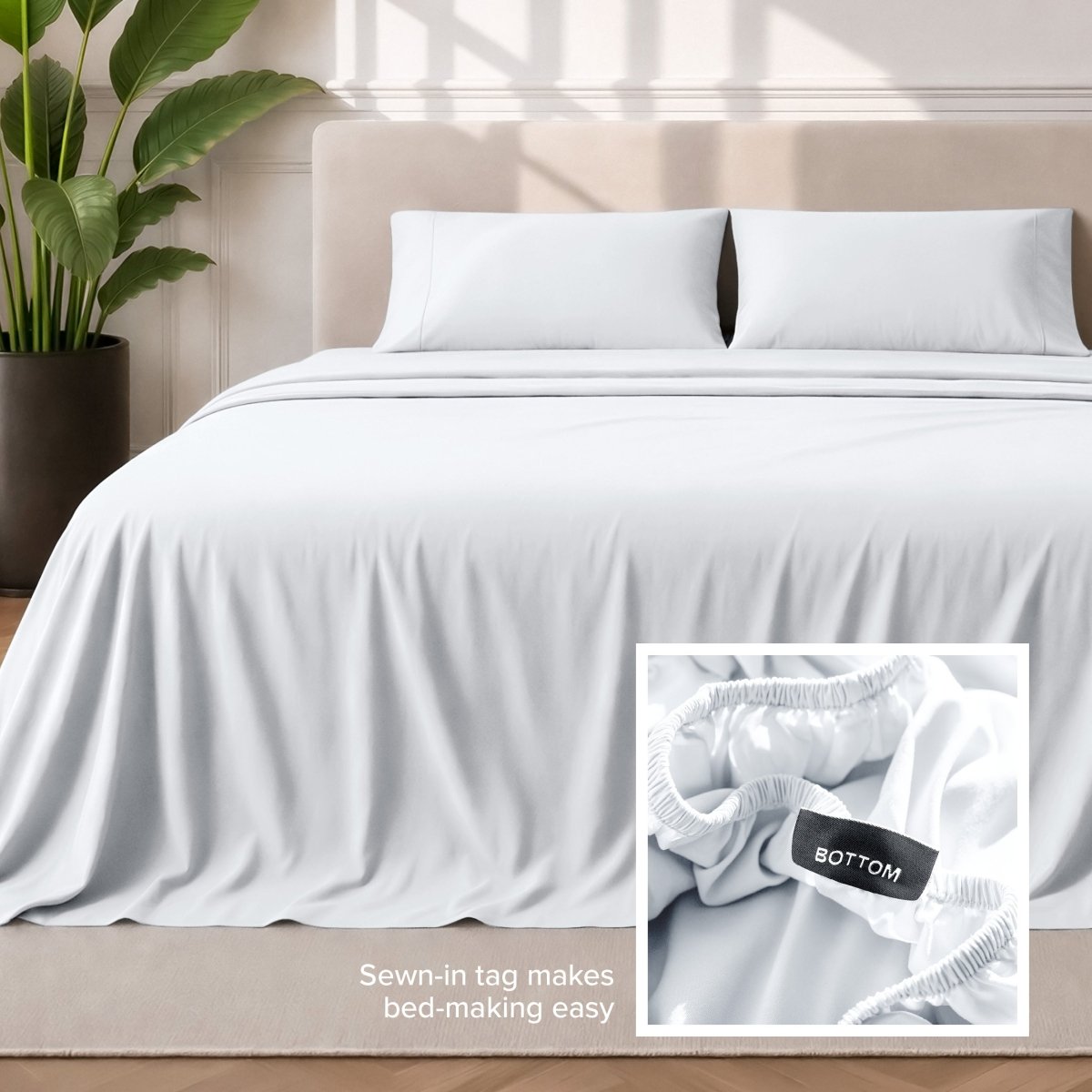 Sewn-in tag makes bed-making easy