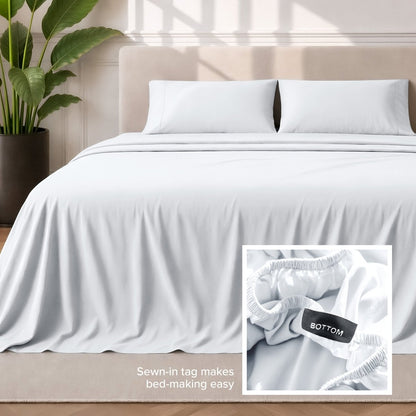 Sewn-in tag makes bed-making easy