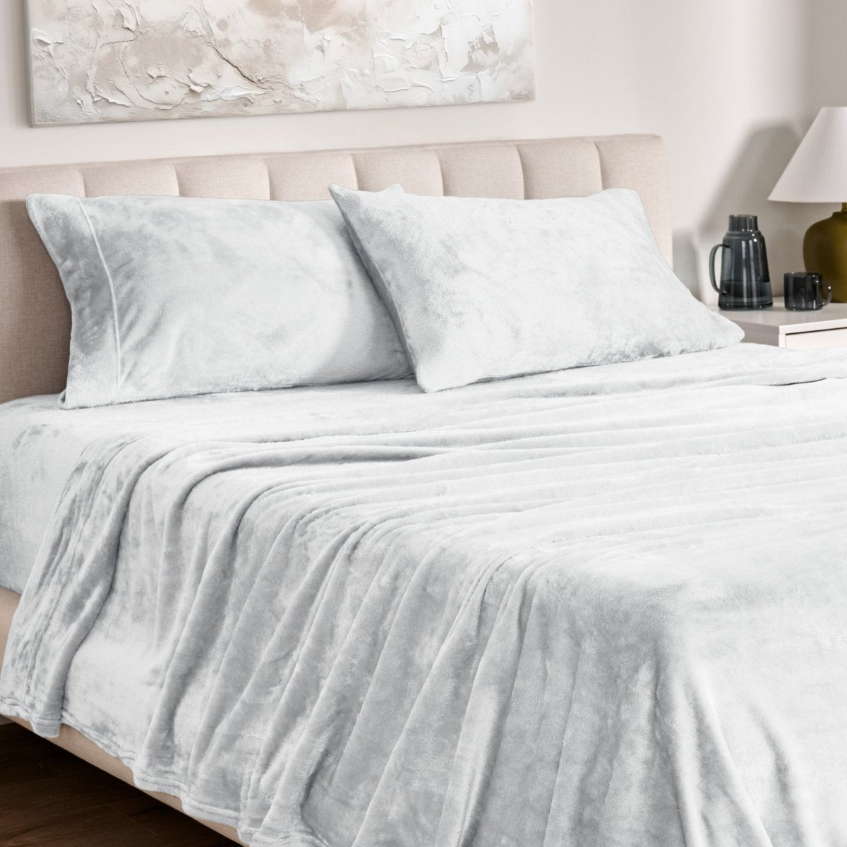 Microplush sheet set on a bed.