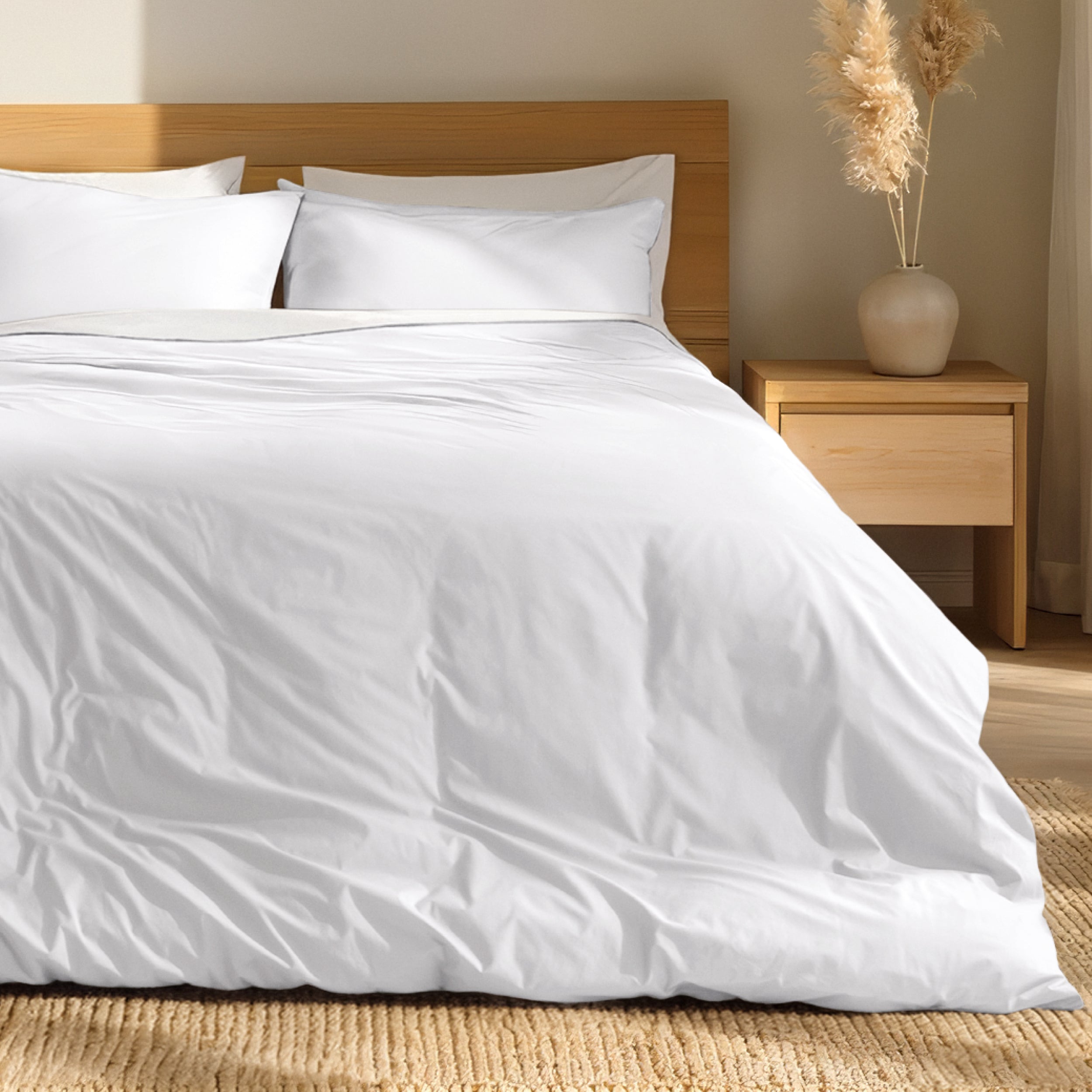 Percale bedding set on a bed with a wooden headboard and nightstand in a bedroom setting.