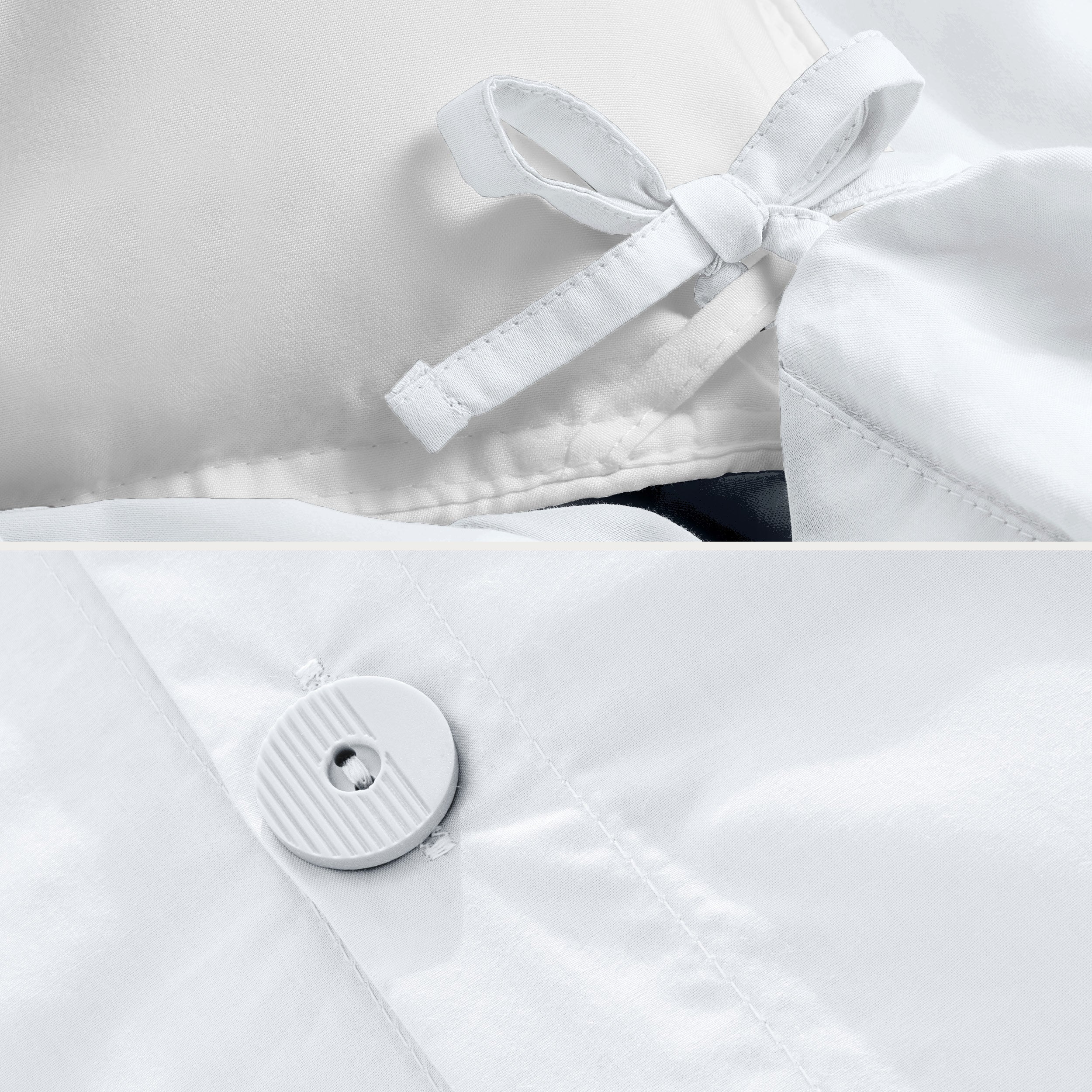 Close-up of the corner ties and button on the percale duvet cover