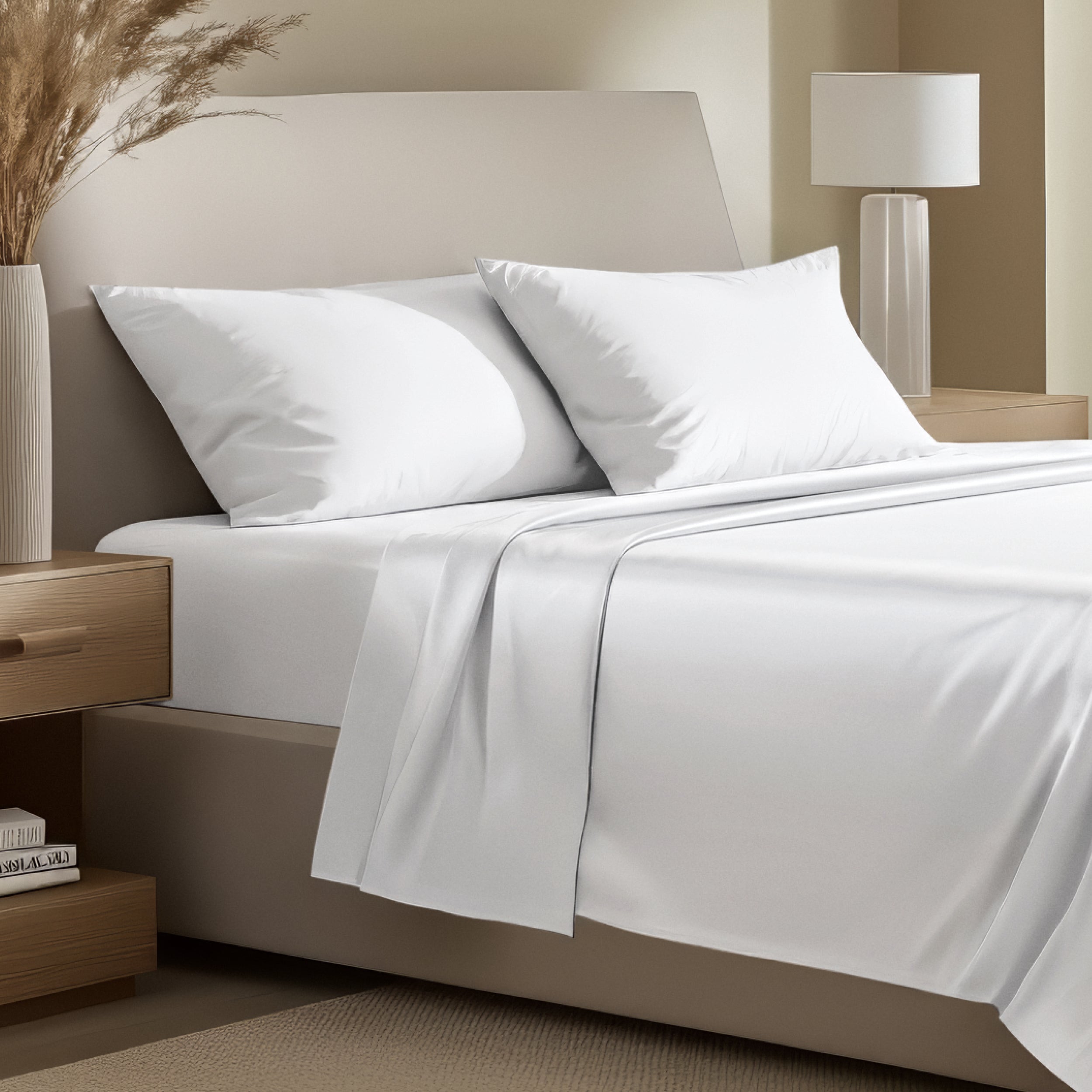 Bedding set on a bed with pillows in a bright room.