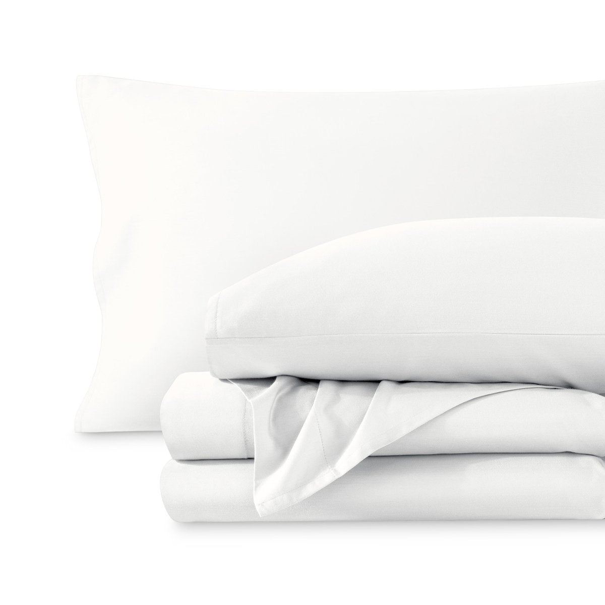 A sateen sheet set folded and stacked on a white background.