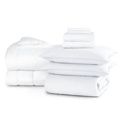Bed with percale bedding in a dorm room setting