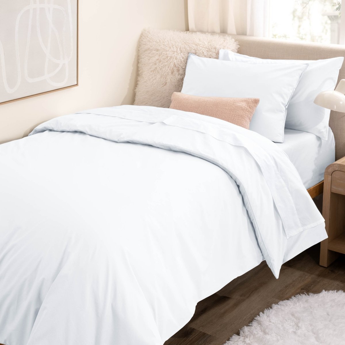 College dorm room with percale bedding