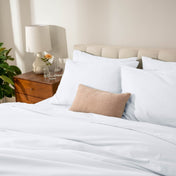 Bed with percale bedding in a bedroom setting