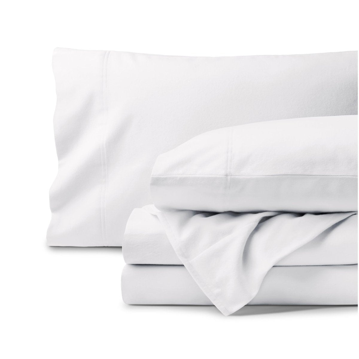 Organic flannel bed sheets and pillowcase set on a white background