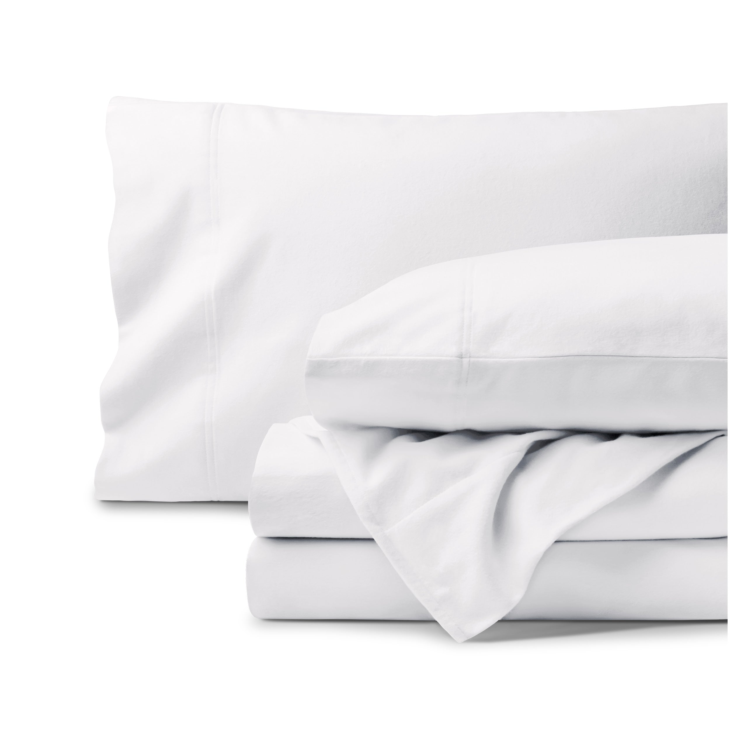 Organic flannel bed sheets and pillowcase set on a white background