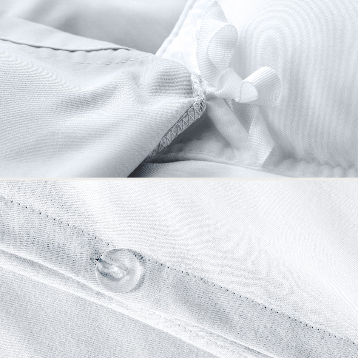 Close up of the ties on a duvet cover and the button closure