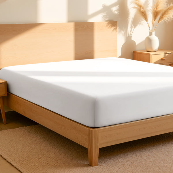 Fitted sheet on a bed in a bedroom setting with a lamp and plant.