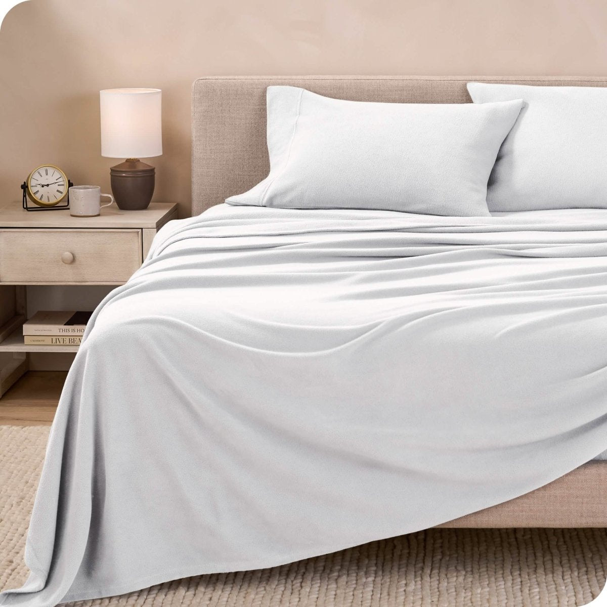 Polar fleece sheet set on a bed
