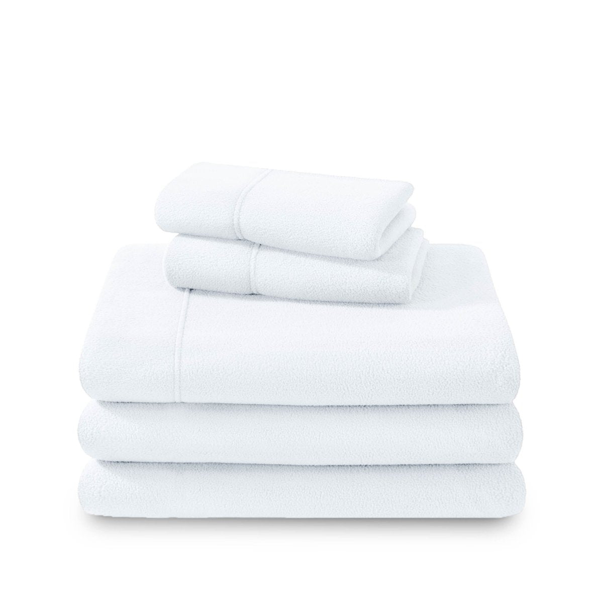 Polar fleece sheets and pillowcases folded and stacked on a white background