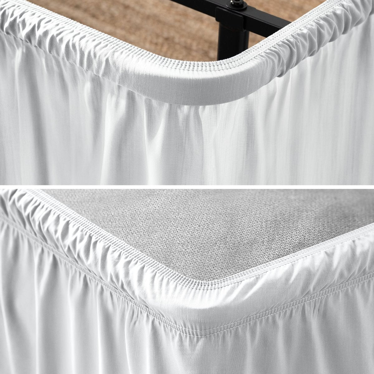 Close up of a polyester wrap around bed skirt on a bed frame and box spring