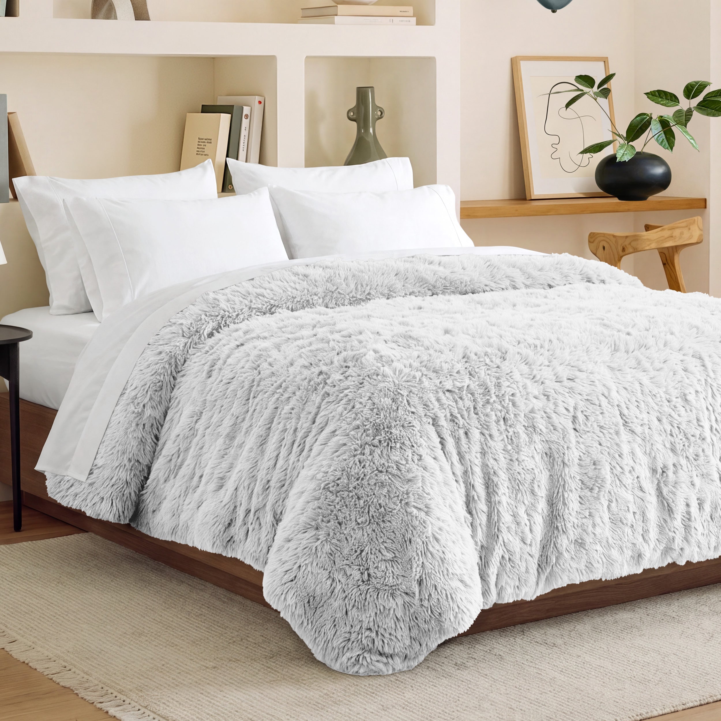 Shaggy duvet cover on a bed in a bedroom setting with shelves and decor.