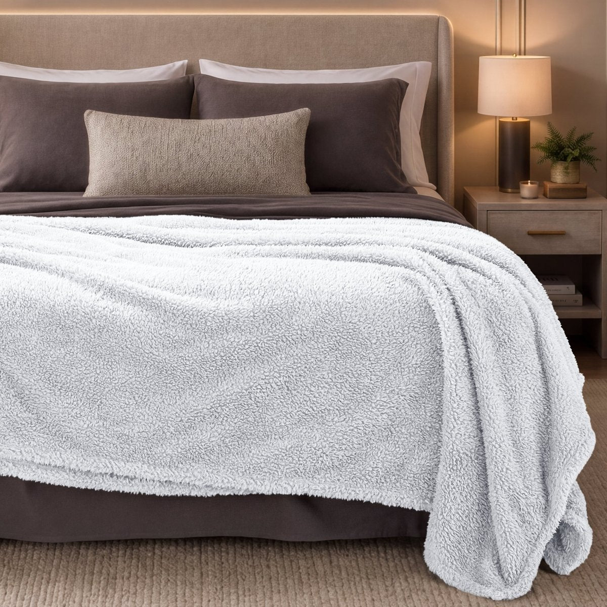 Bed with white blanket and pillows in a bedroom setting