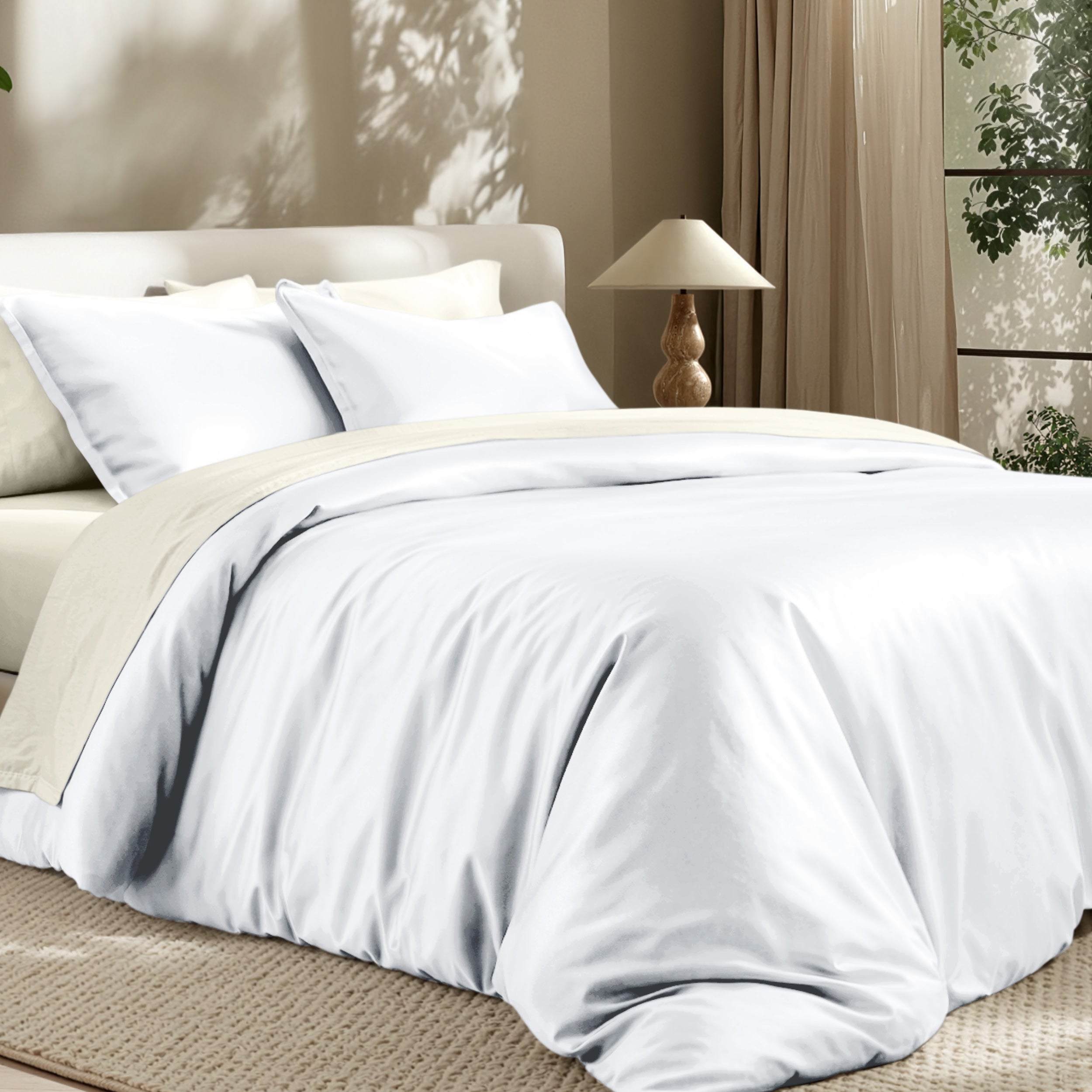 Bedding set on a bed in a bedroom with a lamp and window.