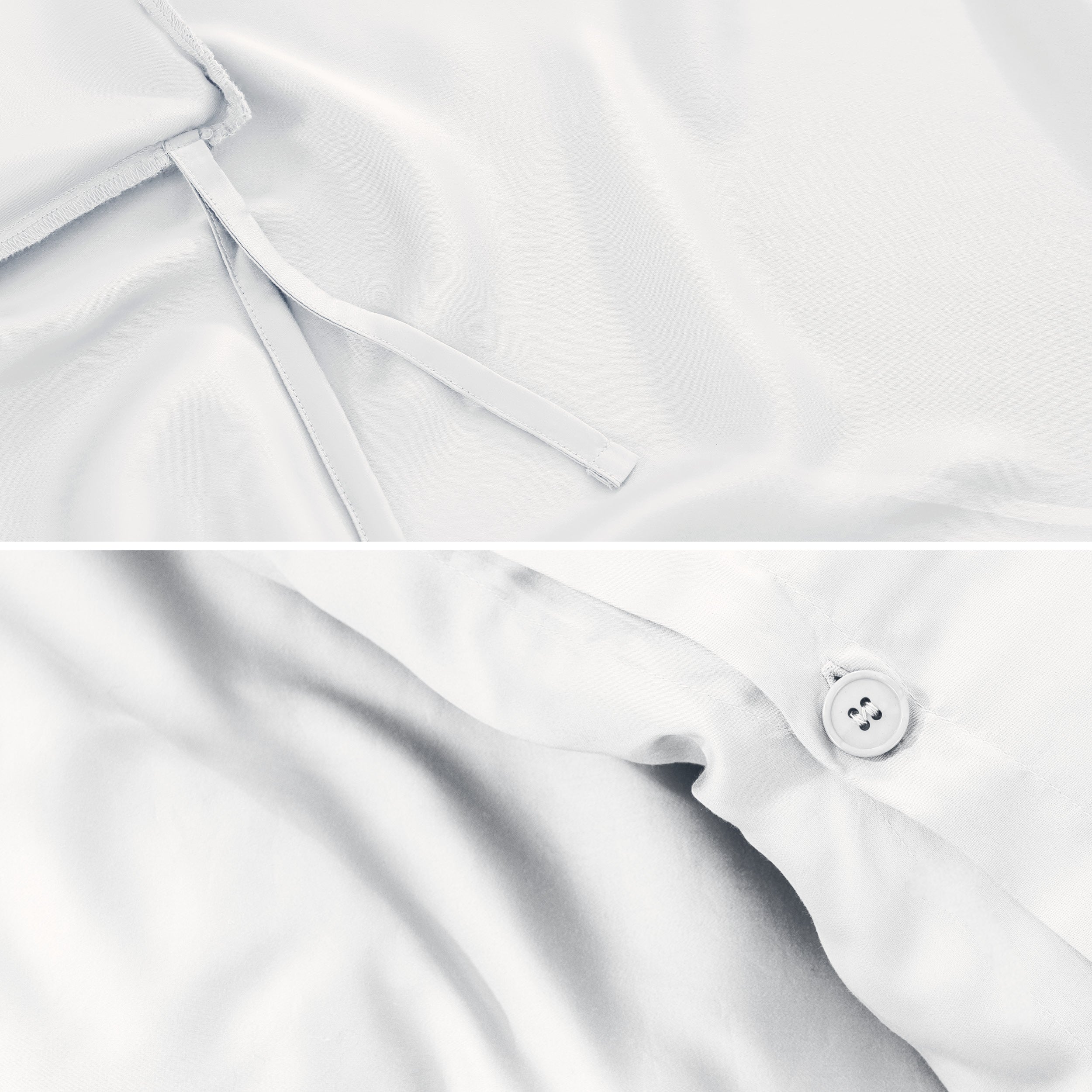 Close-up of duvet ties and button.