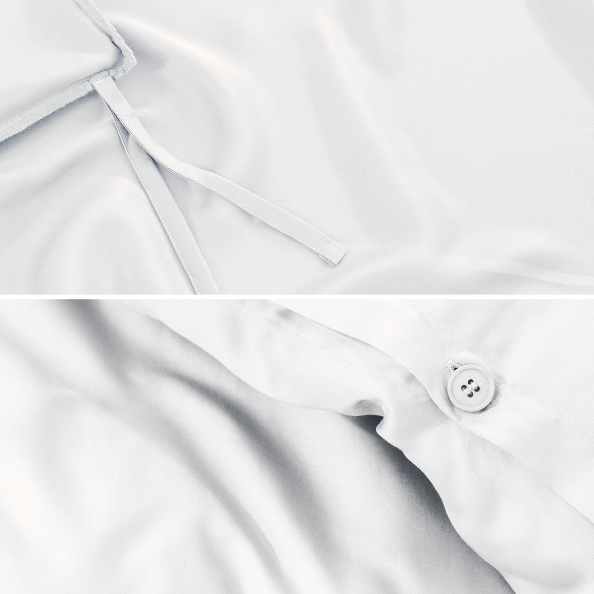 Close-up of duvet ties and button.