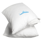 Two pillow protectors on pillows stacked