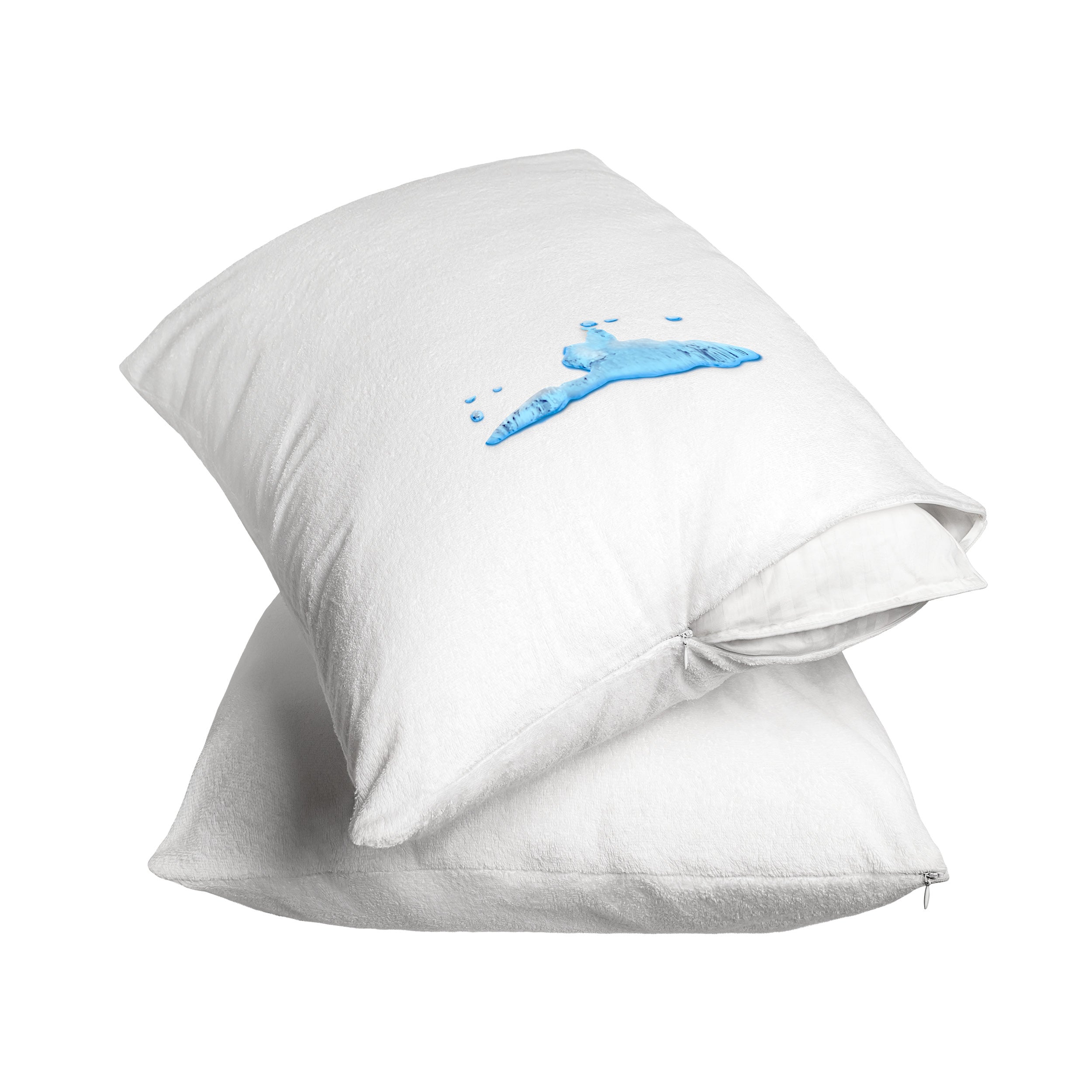 Two pillow protectors on pillows stacked