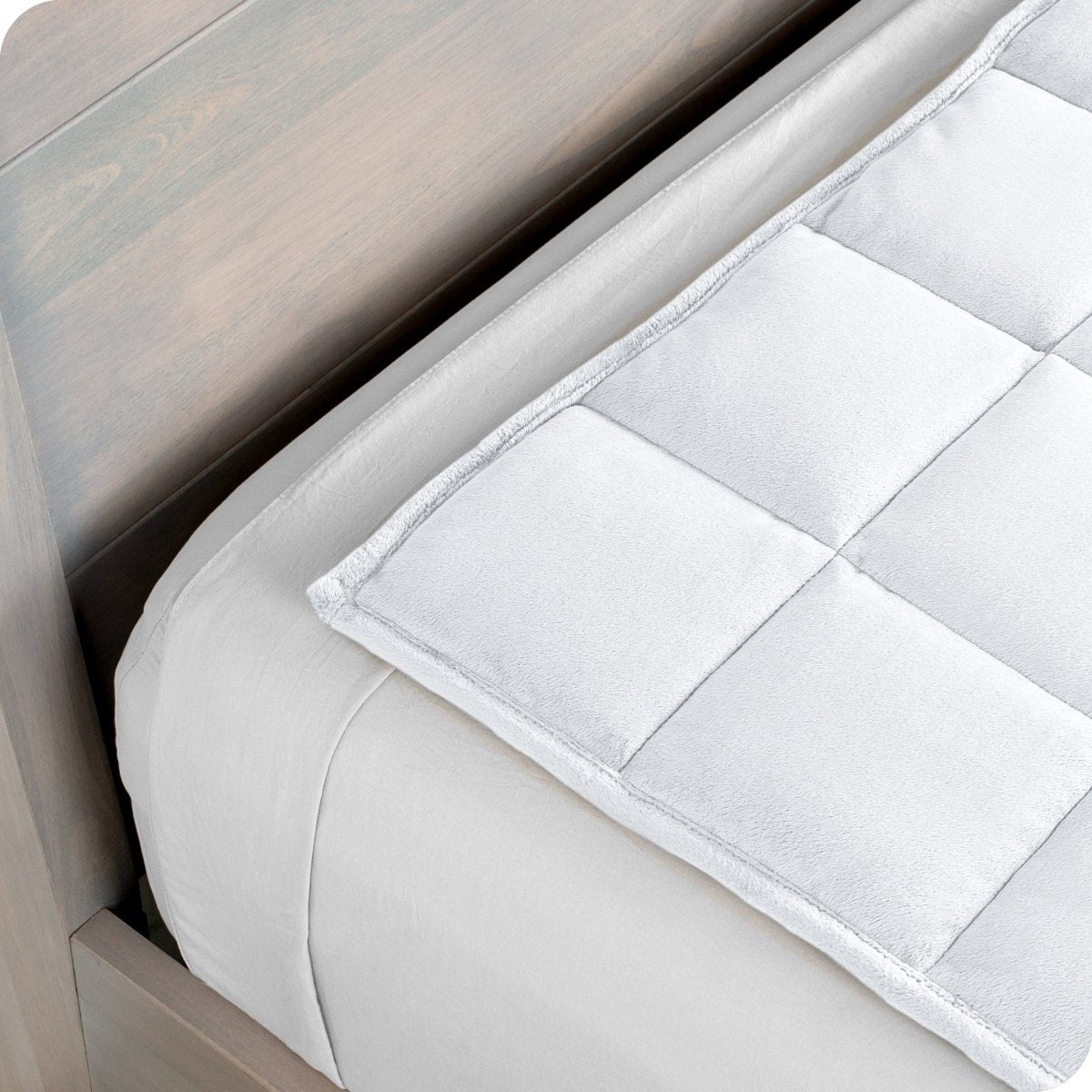 Close up of a weighted blanket on top of a bed made with white sheets