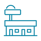 Line drawing of a building with a sign on top