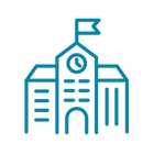 Illustration of a school building with a clock tower and flag on a white background