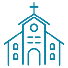 Line drawing of a church building with a cross on top
