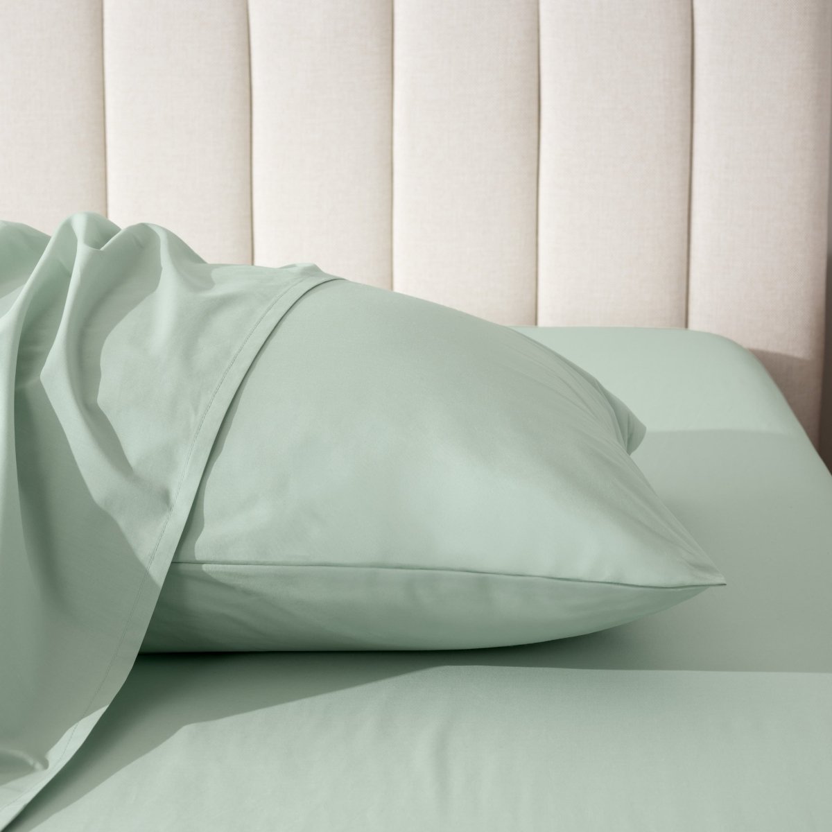 Pillow on a bed with a neutral headboard