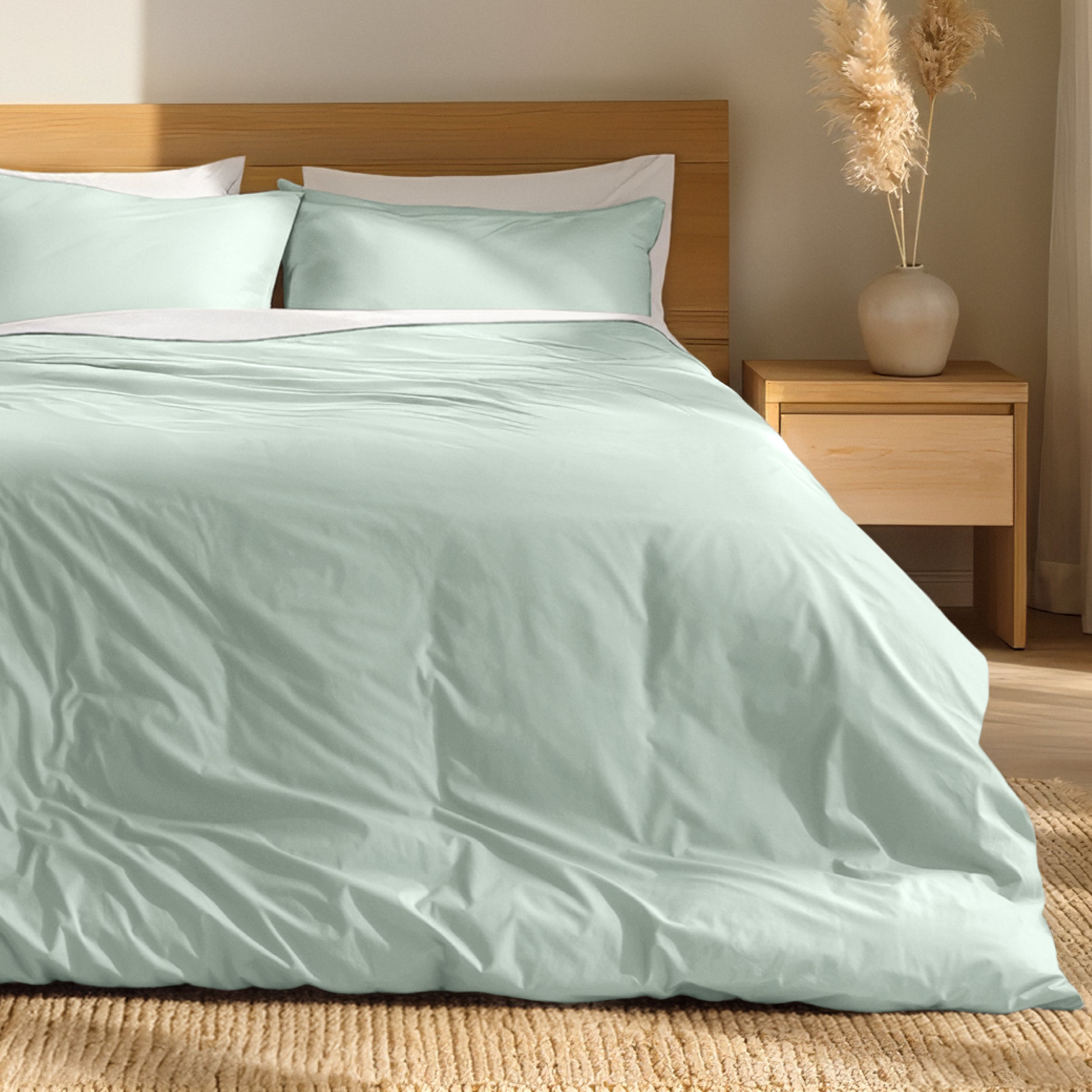Percale bedding set on a bed with a wooden headboard and nightstand in a bedroom setting.