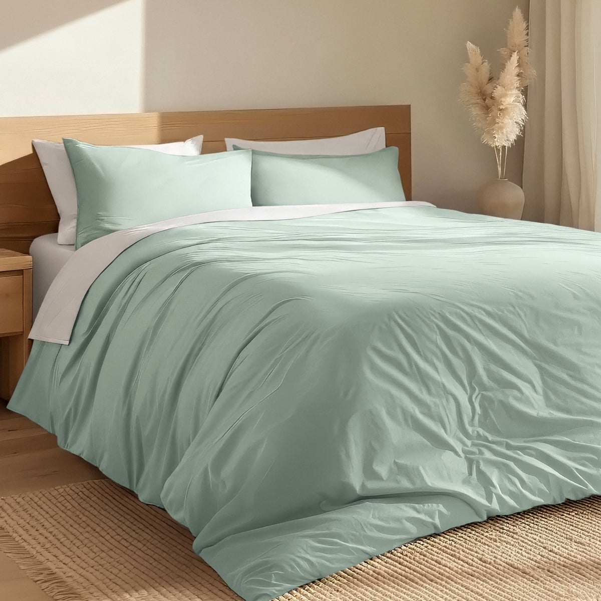Bed with percale duvet cover set and wooden headboard in a room with a vase and decorative items.