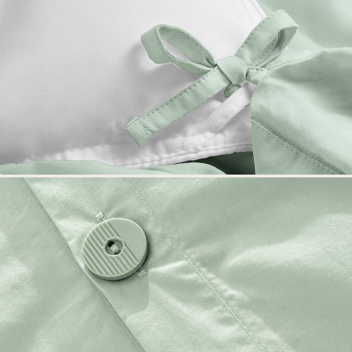 Close-up of the corner ties and button on the percale duvet cover