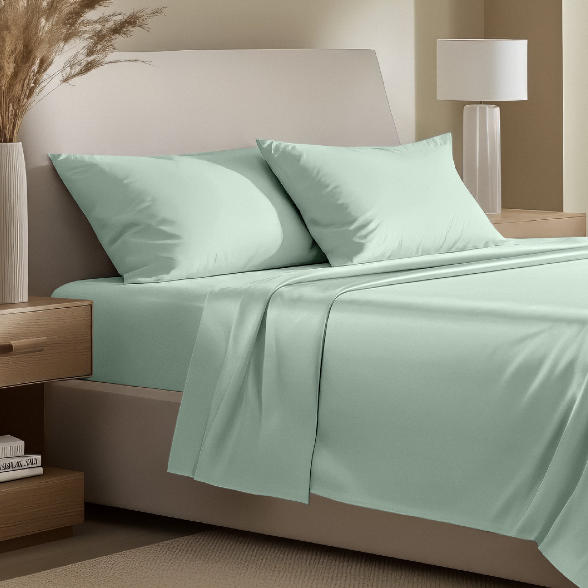 Bedding set on a bed with pillows in a bright room.